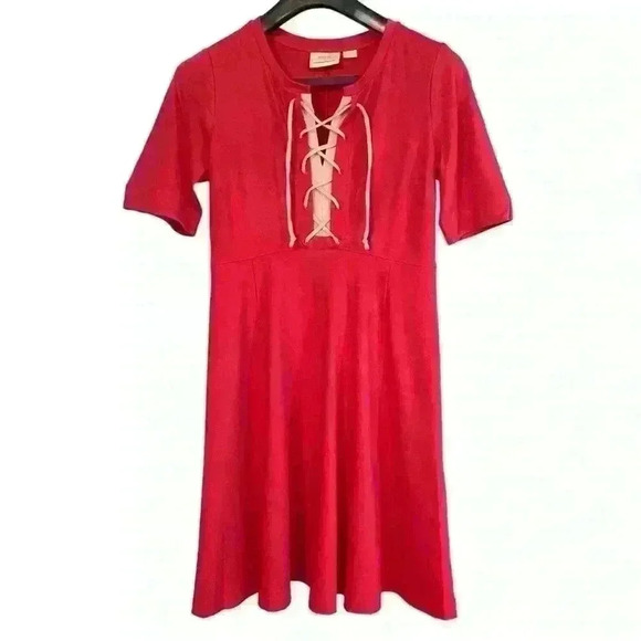 Anthropologie Maeve Red/Pink Jersey Short Sleeve Dress Lace Up Tie Front Size S - Picture 2 of 9